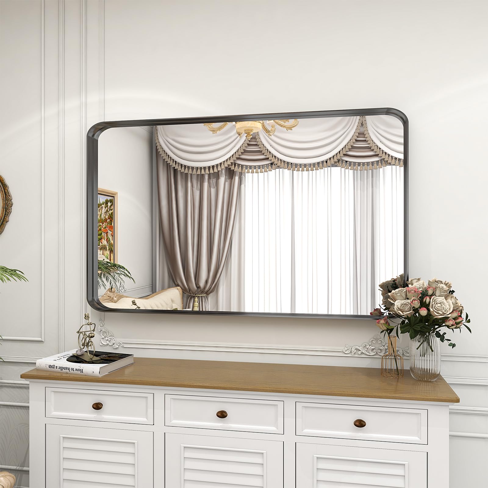 BEAUTYPEAK 30" x 40" Wall Mounted Vanity Mirror, Deep Frame, Nano-strengthened Glass, ShatterVue Technology, Black