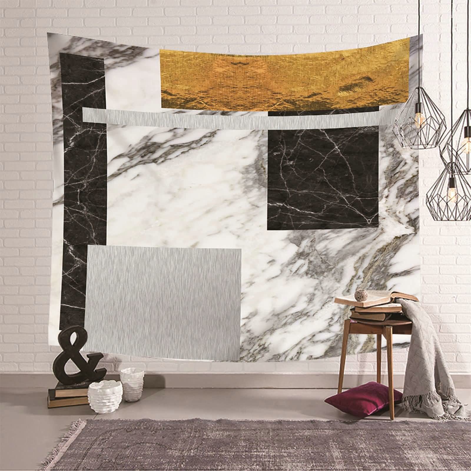 Tapiz de pared decorativo con diseño de mármol y formas geométricas