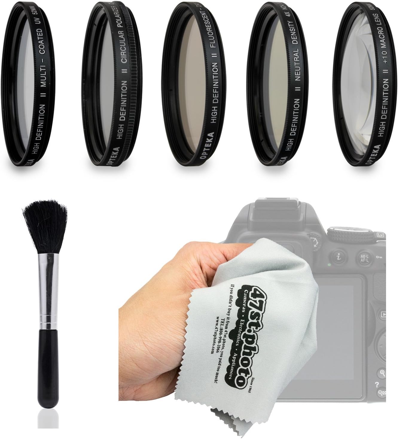 Opteka Filter Kit with UV, CPL, FL, ND4, Macro, Brush and Cloth for Canon EOS 70D, 60D, 50D, 1Ds, 7D, 6D, 5D, 5DS, T6s, T6i, T5i, T5, T4i, T3i and SL1 Digital SLR Cameras (Fits 52mm and 58mm Threads)