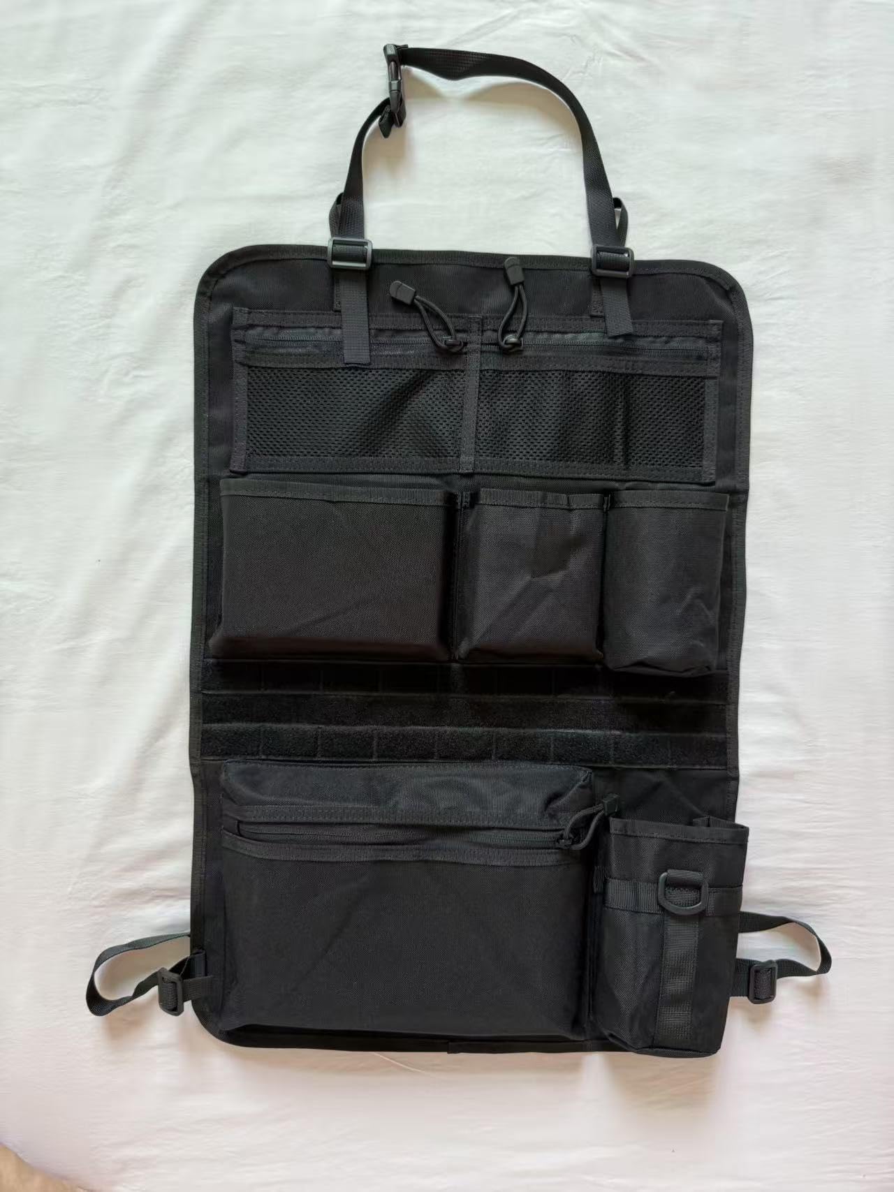 Taktischer Autositz Organizer 42x62cm mit MOLLE-System, Netztaschen, Becherhalter - Schwarz
