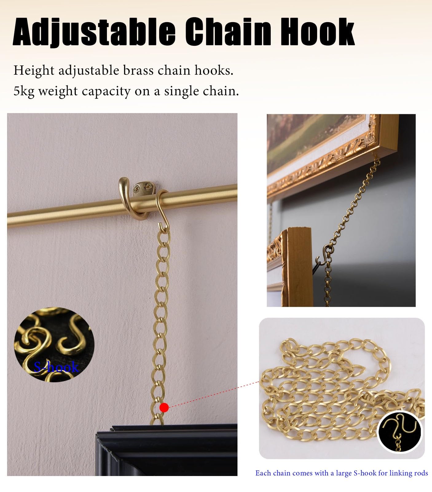 Generisch Bilderschienen-Aufhängesystem aus Messing – Antike Kettenschiene für Wandkunst, verstellbare Galeriestange für Fotos und Rahmen, ideal für Zuhause, Villa, Museum (95 cm)