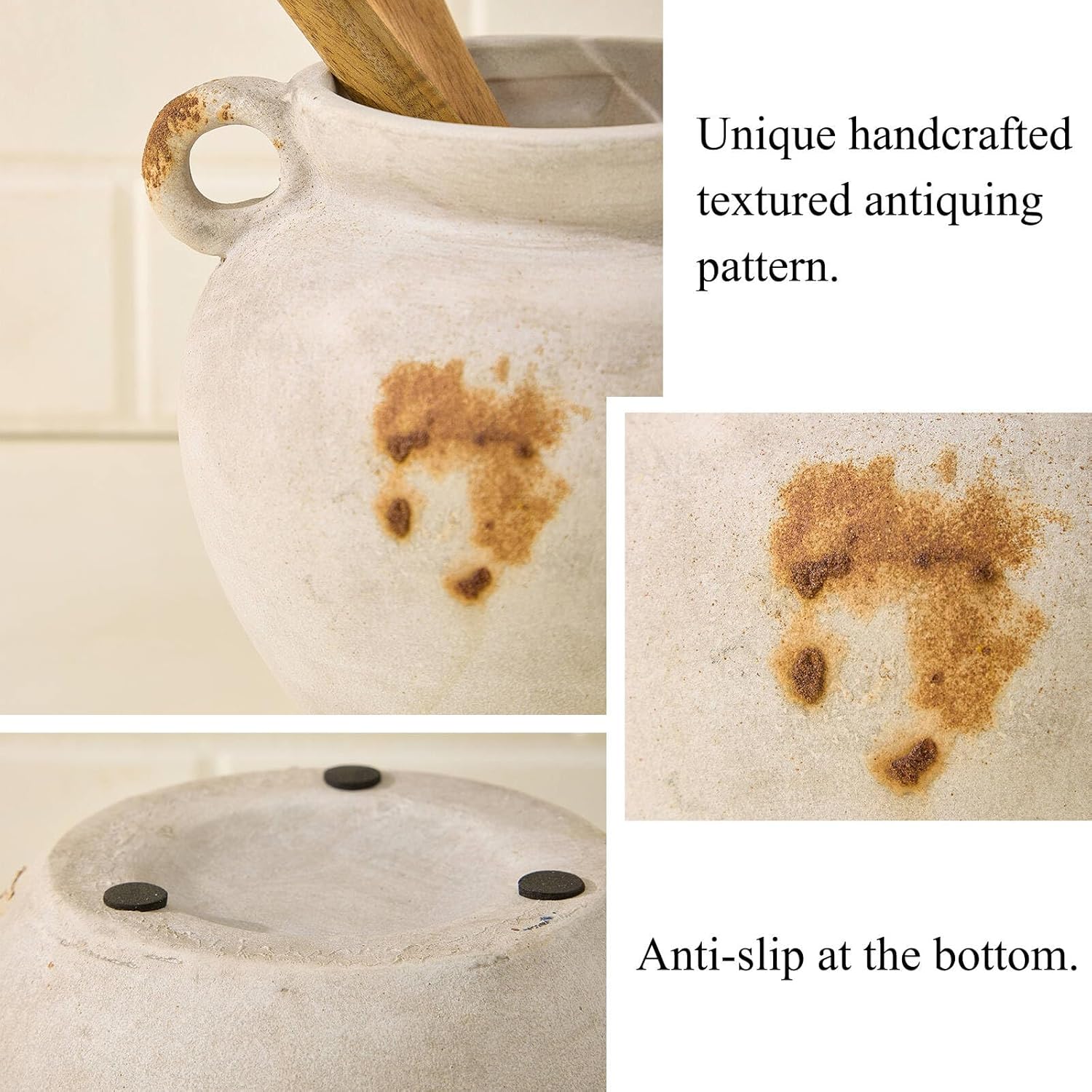 MIYUKI Rustic Kitchen Utensil Holder, Vintage Ceramic Utensil Crock with Handle, Antiquing Kitchen Countertop Organizer