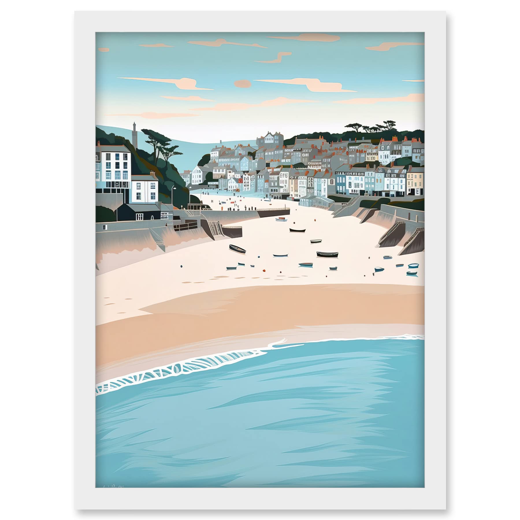 Artery8 St Ives Bay Summer Pastel Colour Coastal Cityscape Artwork Framed A3 Wall Art Print
