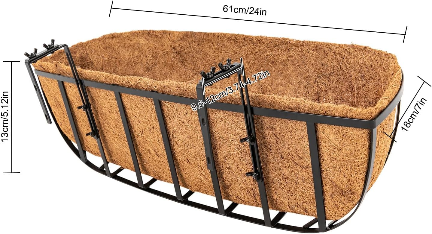 4 Pack 24" Window Planter Box with Coconut Liner, 22.04 Lbs Capacity Adjustable Width 3.74-4.72in Railing Planter Box Hanging Window Planter Balcony Planters for Outdoor Fence Porch Patio Lawn