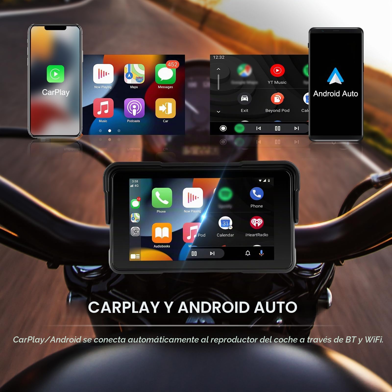 Inalámbrico Carplay Motorbike Navi Android Auto, 5 Pulgadas Pantalla Táctil Carplay Portátil para Motos, Radio de Coche para Motos con Airplay/Android Cast/Bluetooth/IP68 Impermeable