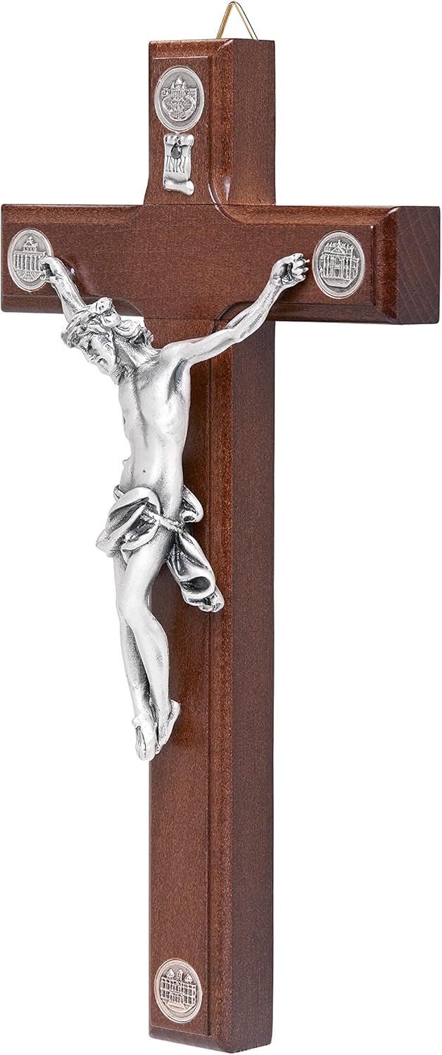 Mondo Cattolico - Crucifix wall cross Catholic Benedict During Pope's Angelus, Wooden Decorative Cross for the Wall with Four Medals of the Roman Basilicas - Jesus crucifix - Ideal catholic gift