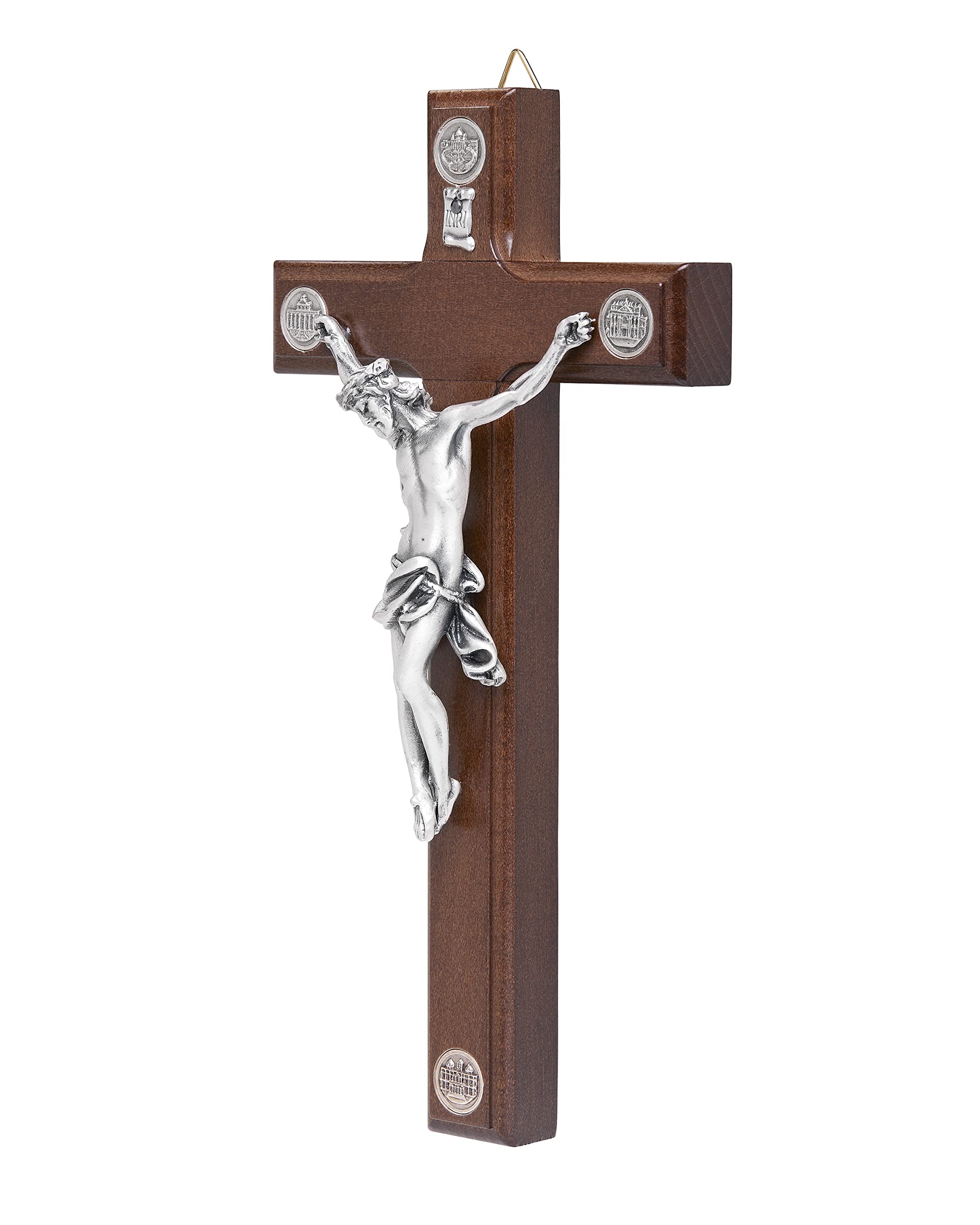 Mondo Cattolico - Crucifix wall cross Catholic Benedict During Pope's Angelus, Wooden Decorative Cross for the Wall with Four Medals of the Roman Basilicas - Jesus crucifix - Ideal catholic gift