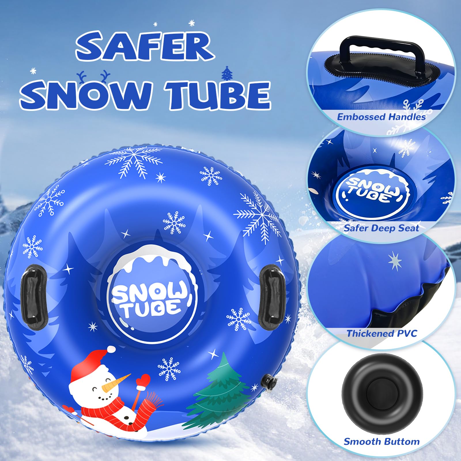 Menmek Snow Tube, 36‘’ 3Packs/4Packs Snowman Snow Tubes for Kids & Adults, Durable Cold-Resistant PVC Inflatable Snow Sled, Heavy-Duty Hard Bottom & Handles, Perfect for Family Boys Girls Sports Fun