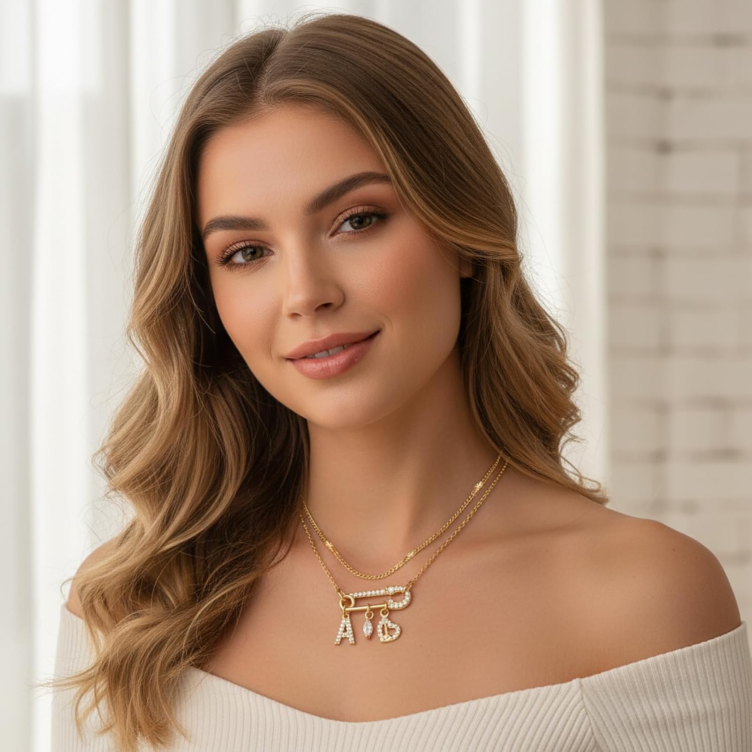 Safety Pin Initial Necklace for Women,14k Gold Plated Layered Chain Choker Necklaces,Cubic Zirconia Letter Teardrop & Heart Charms Dainty Personalized Name Pendant Jewelry Gift - Image 3