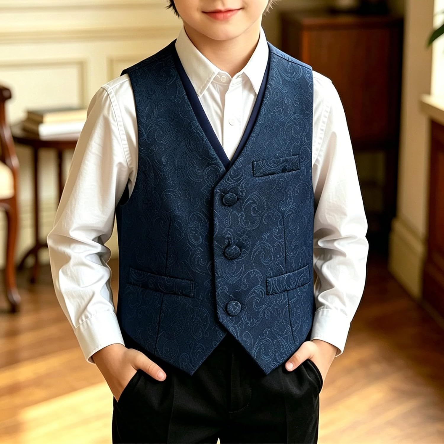 Boys Formal Suit Vest Slim Fit V Neck Homecoming School Uniform Outfit Wedding Ring Bearer Button Up Sleeveless Dress