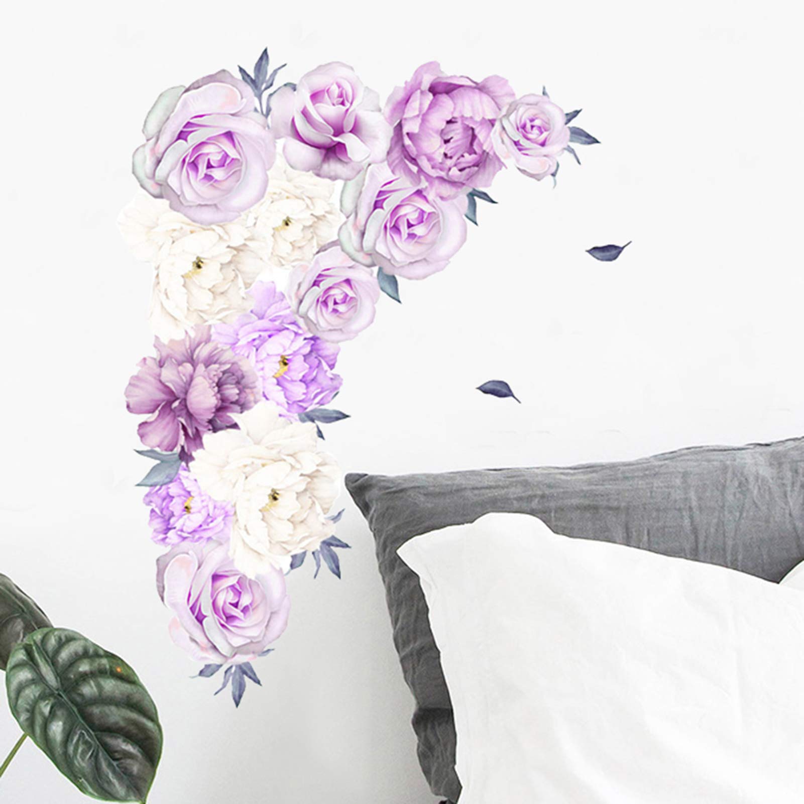 Peony Floral Wall Decals Delicate Flowers Wall Stickers for Bedroom, Purple White Peonies Wall Decor Posters Removable Blossom Art Applique Decorations for Girls Room Living Room