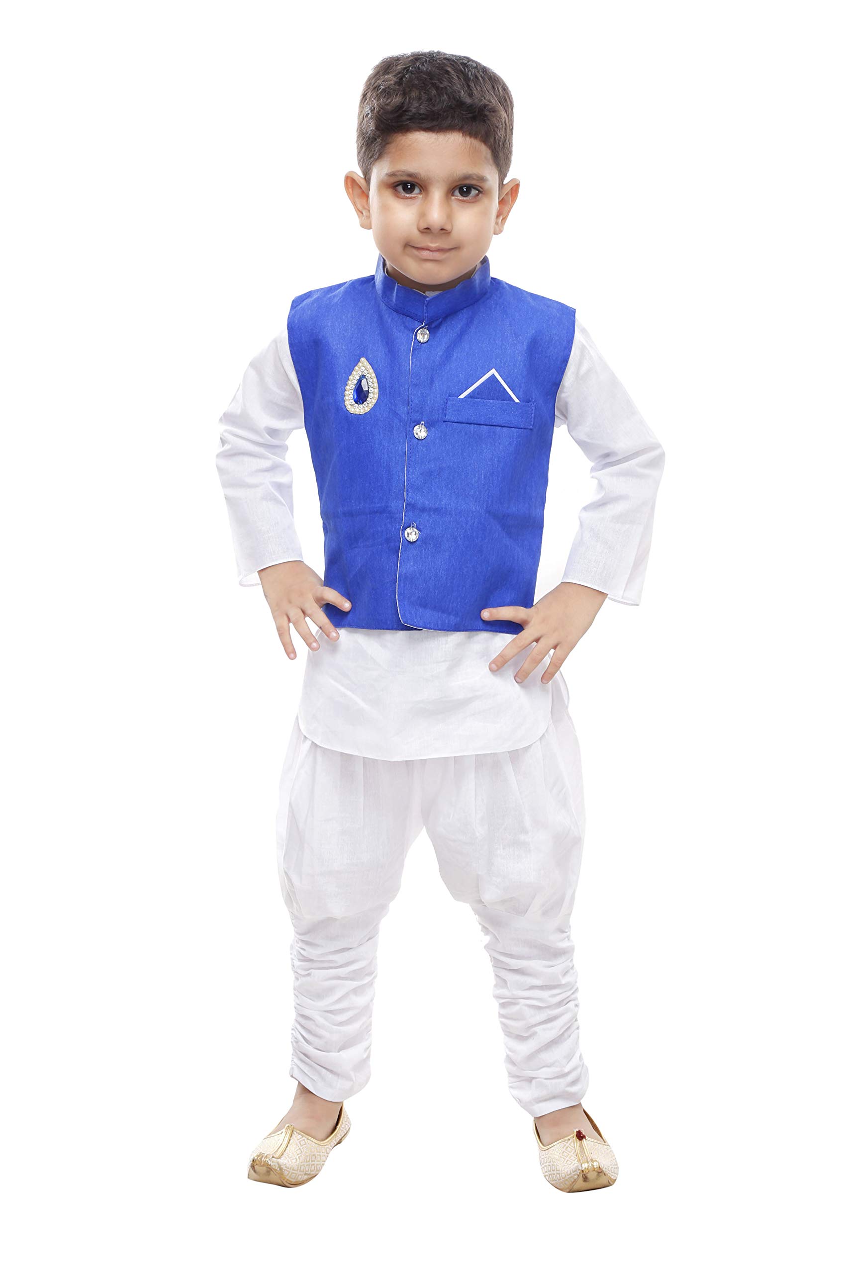 NAVRAJ Dresses Kids Ethnic Wear Kurta Pajama Waistcoat Set for Boys - White and Blue