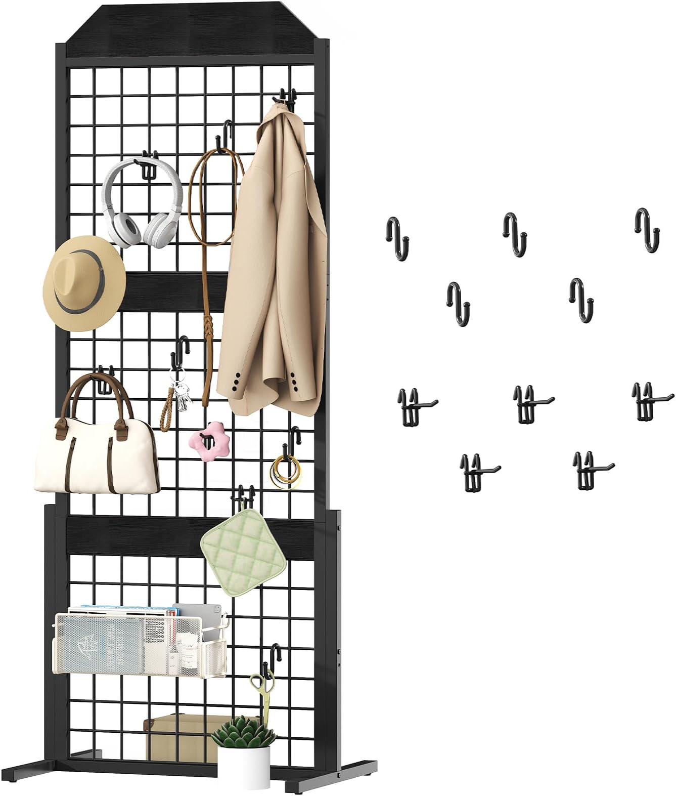HOOBRO Grid wall Panel units 5.6' x 1.7' Ft Grid Display Rack, Gridwall Panel Display Stands with 5 Garment Hooks & 5 S-Hooks, Wire Grid Display Rack, for Retail Show, Black BB45DC01