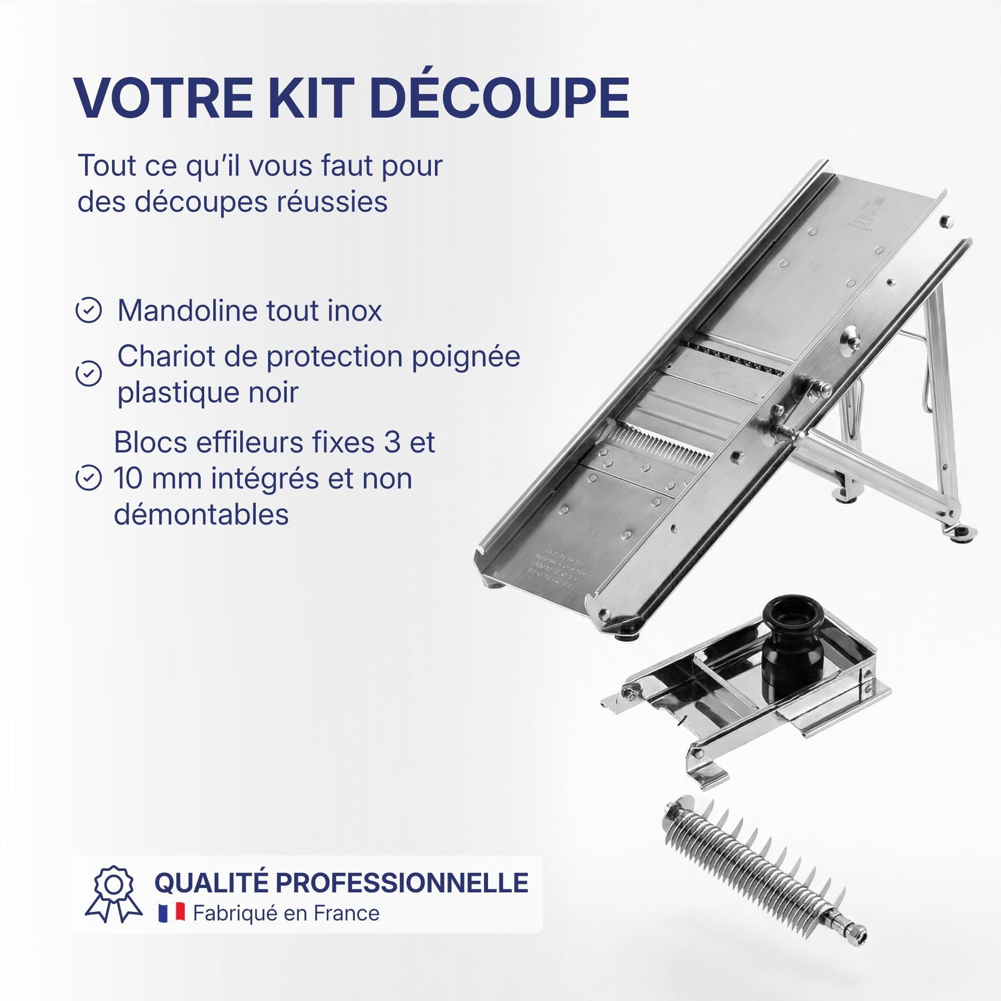 Louis Tellier – Mandoline Inox Professionnelle avec Chariot – Fabriqué en France – 2 Peignes 3 et 10 mm pour Frites et Julienne – Lame Lisse et Gaufrée Réglable