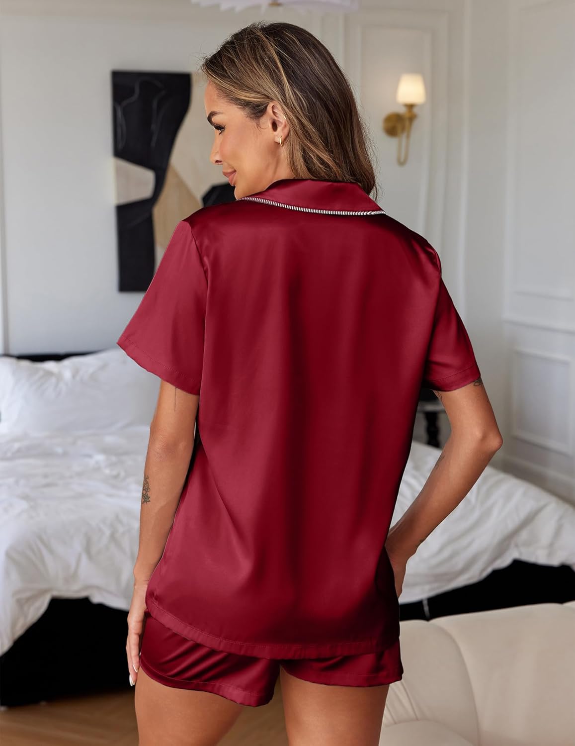 Ekouaer Womens Silk Satin Pajamas Set 2 Piece Pjs Short Sleeve Sleepwear Button Down Top and Shorts Loungewear S-XXL - Image 2