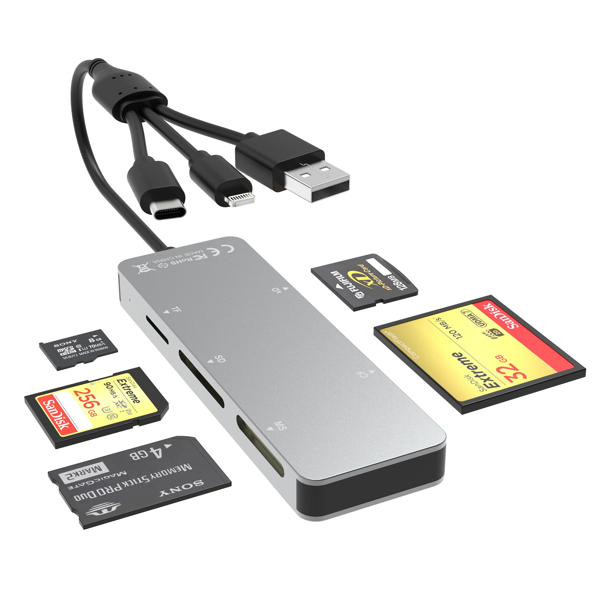 Memory Stick Pro Duo Adapter for iPhone/USB C/PC - Aluminum 5 in 1 SD/TF/CF/MS/XD Picture Card Reader, Multi Memory Card Reader USB C Lightning OTG Adapter Memory Stick pro Duo Reader for iPhone