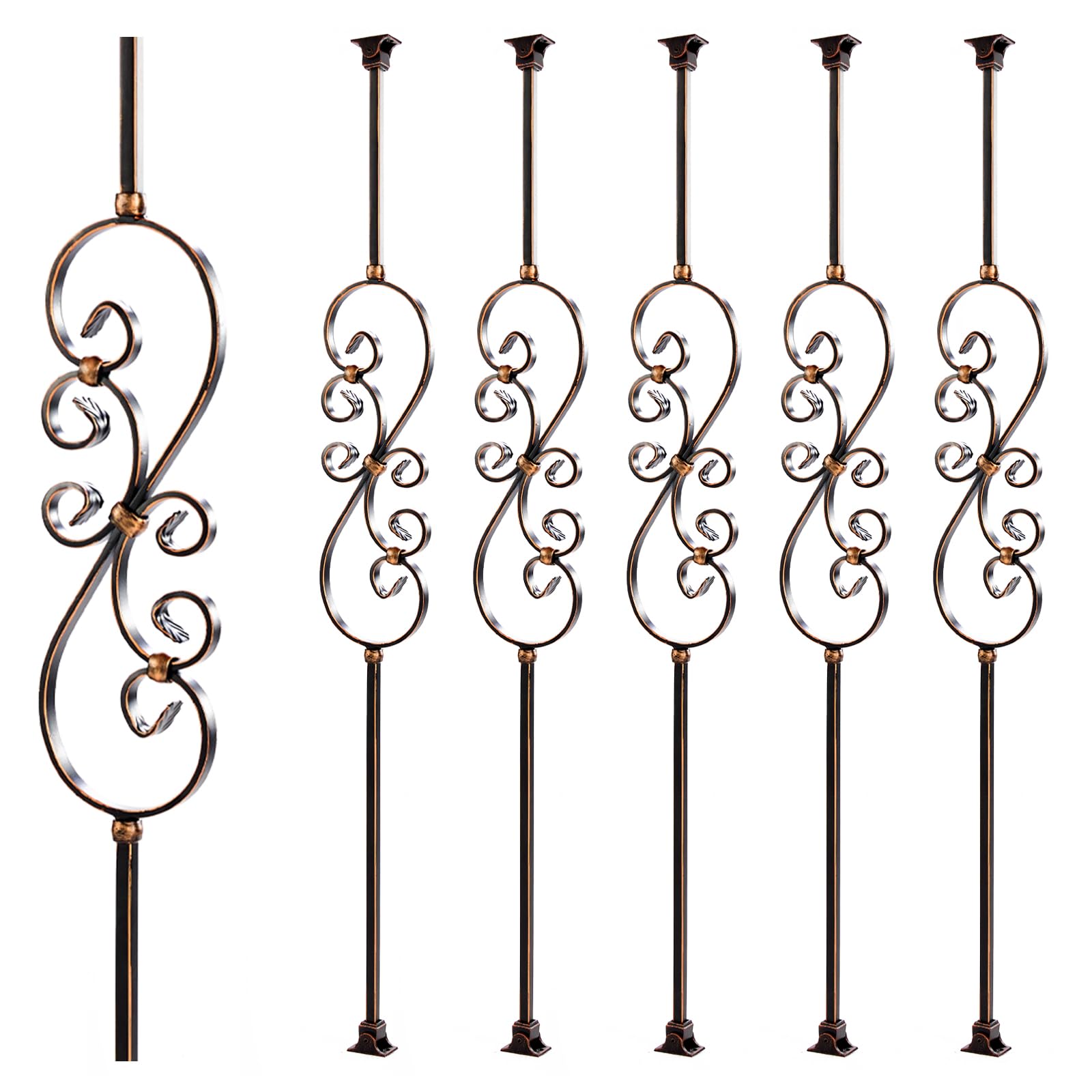 Metal Staircase Balusters 1/2inch x 44inch, Metallic Railing Featuring Radiant Sheen, S-Curve Flower Decoration Iron Balusters and Swivel Shoes Oil Rubbed Copper (Oil Rubbed Copper, S-Curve 5pk)