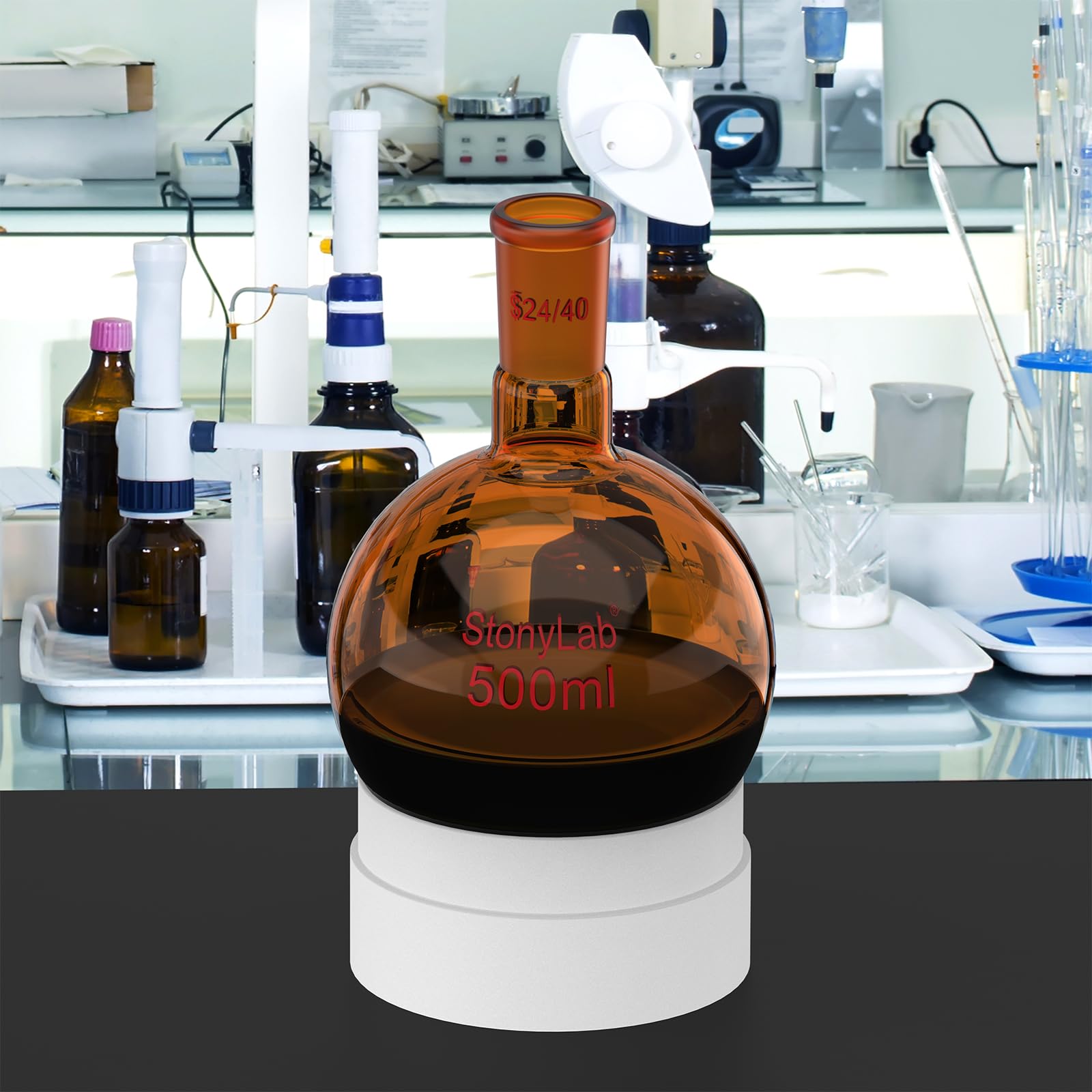 stonylab Ballon à Fond Rond Marron avec Col Unique, Joint Conique Standard 24/40, Verre Borosilicaté de Qualité Laboratoire, Résistant à la Chaleur et aux Produits Chimiques, 500 ml