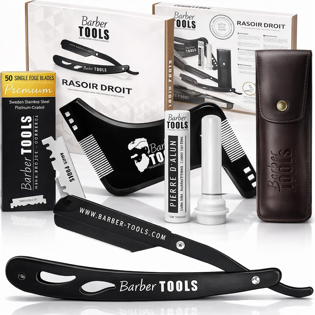 Kit da rasatura uomo - Rasoio per barba uomo/taglio a mano per barba - con 50 Lame Singole + Panno + Stick di allume + Custodia per la conservazione + Pettine guida per rasatura -NERO- BARBER TOOLS