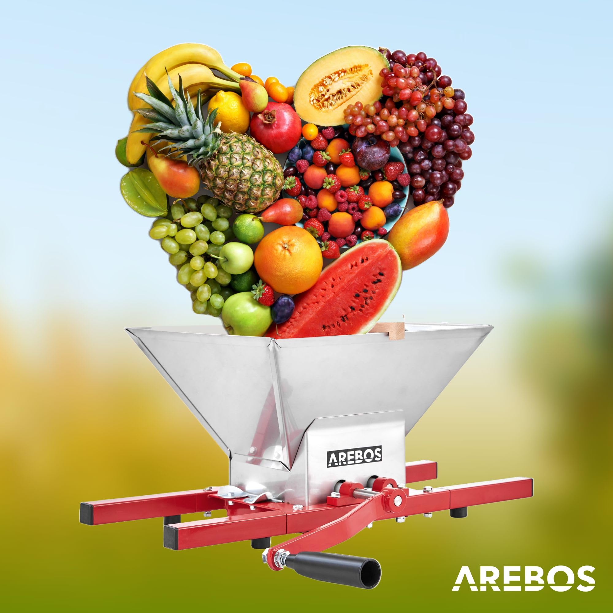 Arebos Obstpresse 18L und Obstmühle 7L | Manuelle Saftpresse I Beerenpresse inkl. Presstuch, Druckplatte und Metallspindel I Für jegliche Arten von Saft & Gemüse