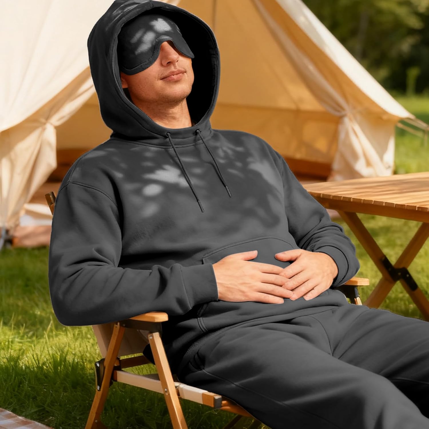 Ainangua Mens Oversized Pullover Essentials Hoodie with Eye Mask Built In Comfor Airplane Mode Travel Sleep Wearable Blanket