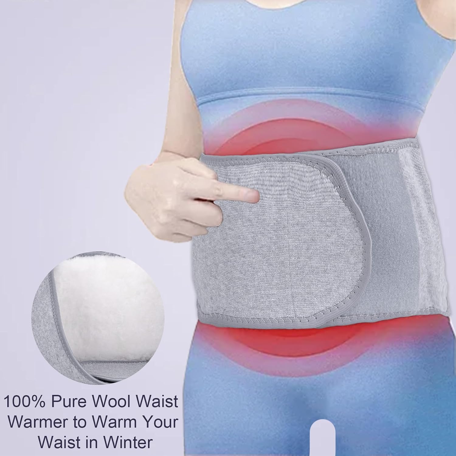 Wool Waist Warmer, Elastic Lumbar Support with Adjustable Hook-and-Loop Fastener for Belly and Back Support