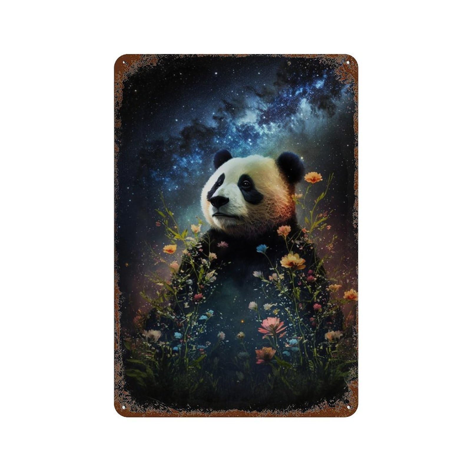 Panda in Space Flowers Distressed Metal Wall Sign 11.8"x7.9", Rustic Home Decor for Living Room, Hallway And Home Decor