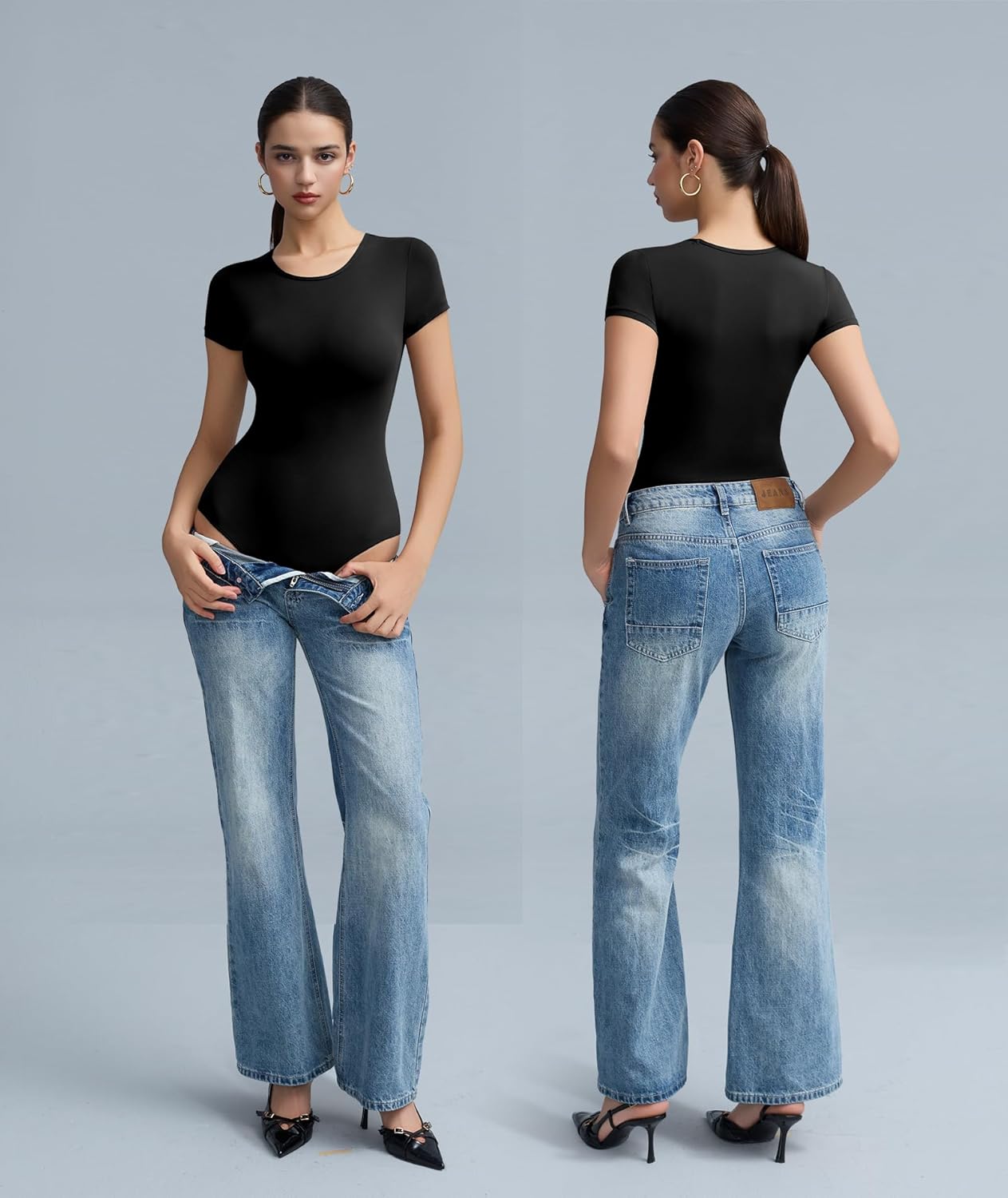 Women's Double-Lined Round Neck Short Sleeve Bodysuit Seamless T-Shirt Body Suits Basic Tops for Women - Image 5