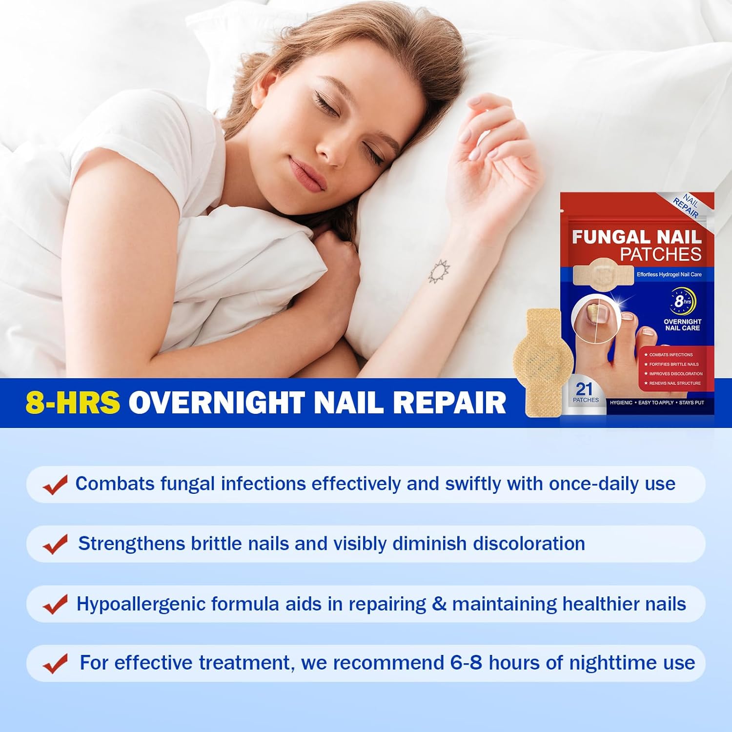 Nail Patches 21 PCS Toenail Treatment Extra Strength 8-Hour Fast Acting Repair Damaged Nails Overnight Nail Repair Effortless Hydrogel Nail Care Renewal for Men and Women - Image 6