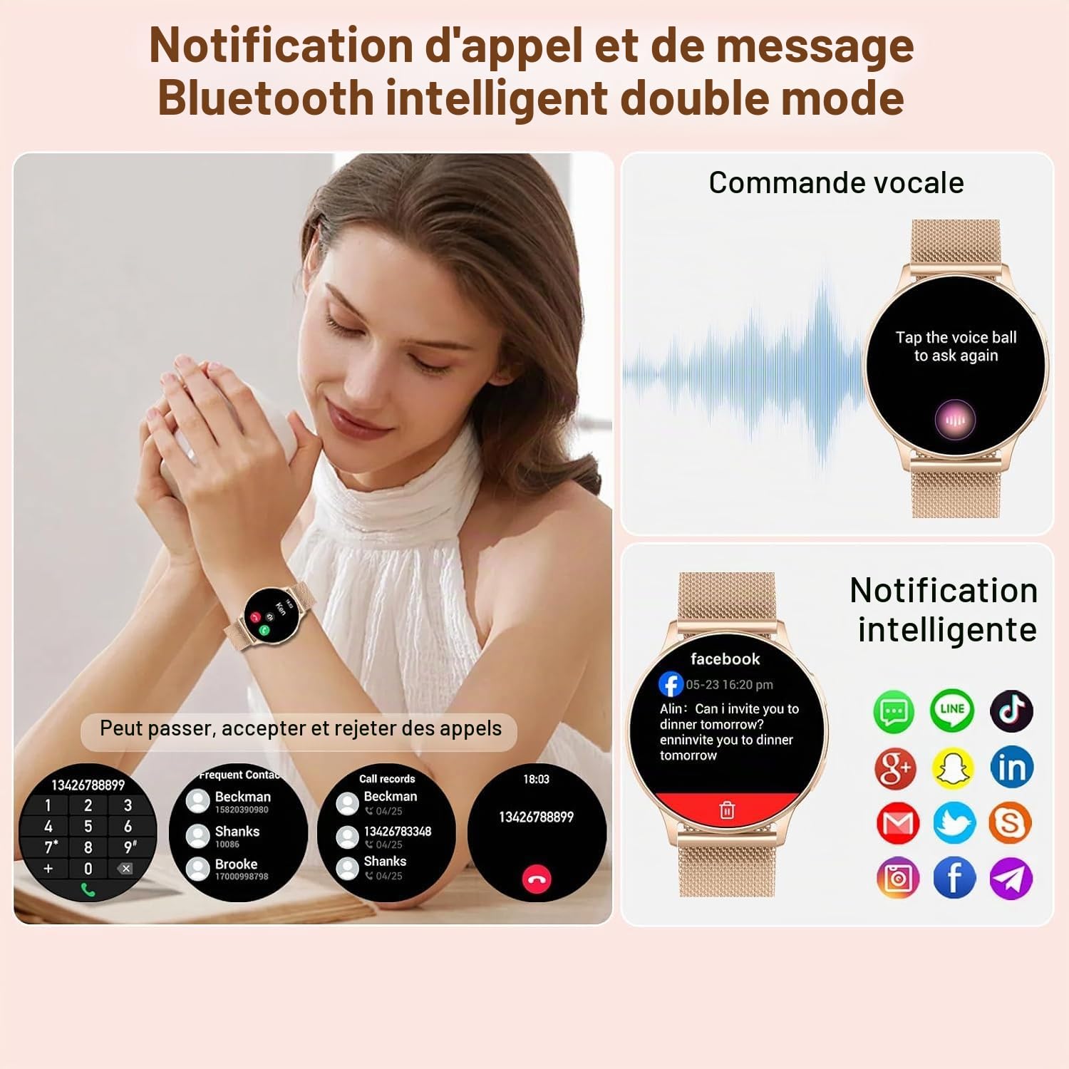Jugeman Montre Connectée Femme, 1.33" Smartwatch avec Appel Bluetooth, Gold | Smartwatch Rond Fréquence Cardiaque/SpO2/Sommeil Montre, 120 Mode+Sportifs Montre, IP68 étanche Fitness Podomètre Android iOS