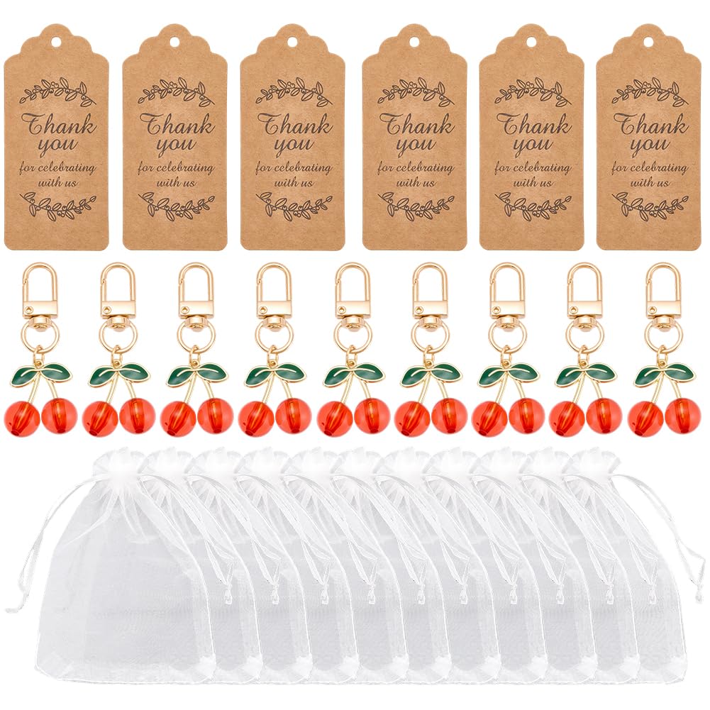 CRASPIRE 24 Set Portachiavi Ciliegia Rossa all'Ingrosso Bomboniera Regali di Nozze con Sacchetto di Organza Etichetta di Ringraziamento Portachiavi di Frutta Ciondolo Accessori Regalo Souvenir