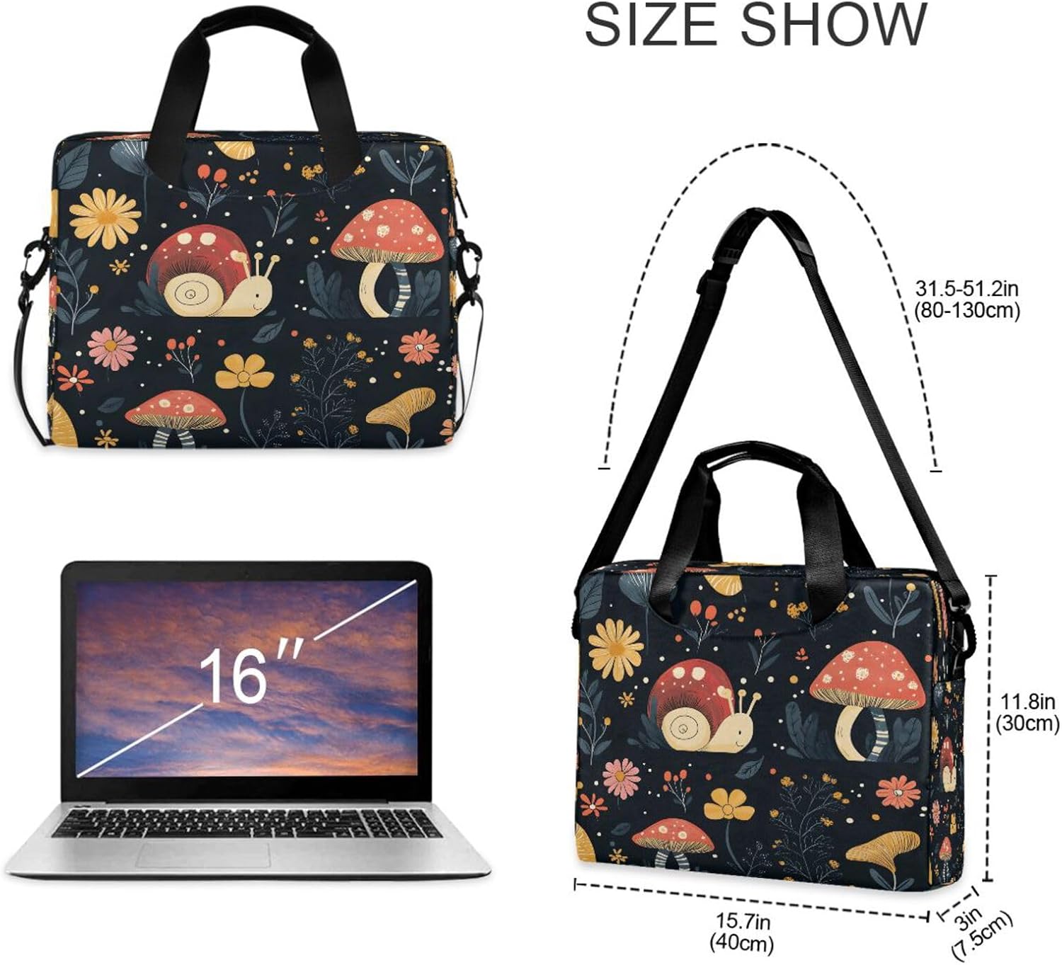 Cute Snails Mushrooms Flower 15.6 Inch Laptop Bag Briefcase for Business, Water-Resistant Computer Bag Fits 14-16 Inch Notebook for Men Women, Office Travel Work Backpack