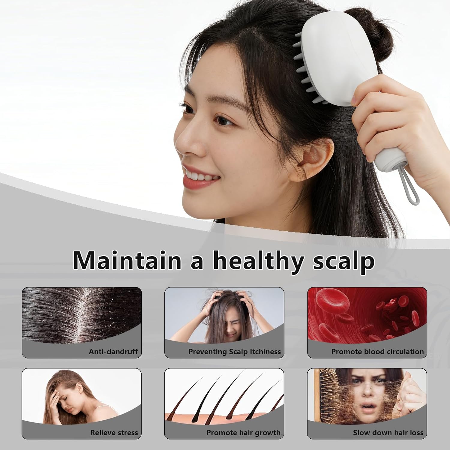 Scalp Massager with Long Handle Hair Growth, Soft Silicone Scalp Scrubber Shampoo Brush for Exfoliation, Dandruff Removal & Head Massage Stress Relax, Wet & Dry Use for Thick, Thin Hair Care