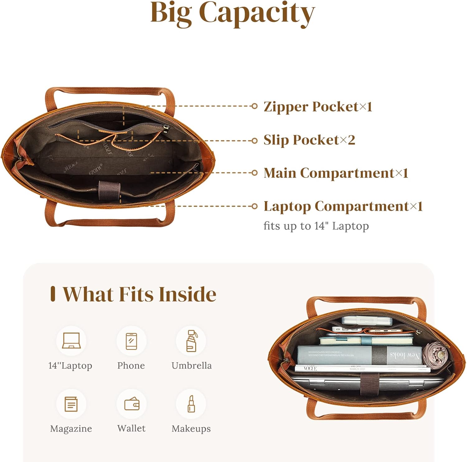 S-ZONE Genuine Leather Tote Bag for Women Work Shoulder Crossbody Purses Handbag with Outside Pockets - Image 4