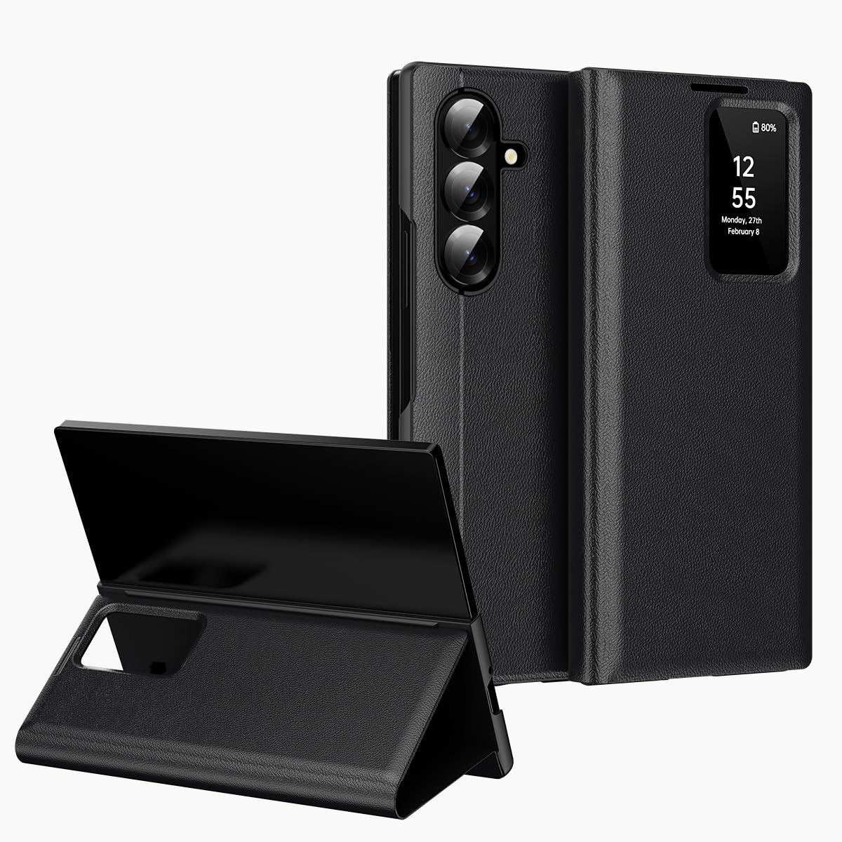 COQUE Etui do Galaxy Z Fold 7 Shell, Smart Window automatyczna sekretarka etui na telefon z 1 miejscem na karty, ekskluzywne skórzane etui ochronne do Samsung Galaxy Z Fold 7 5G, czarne