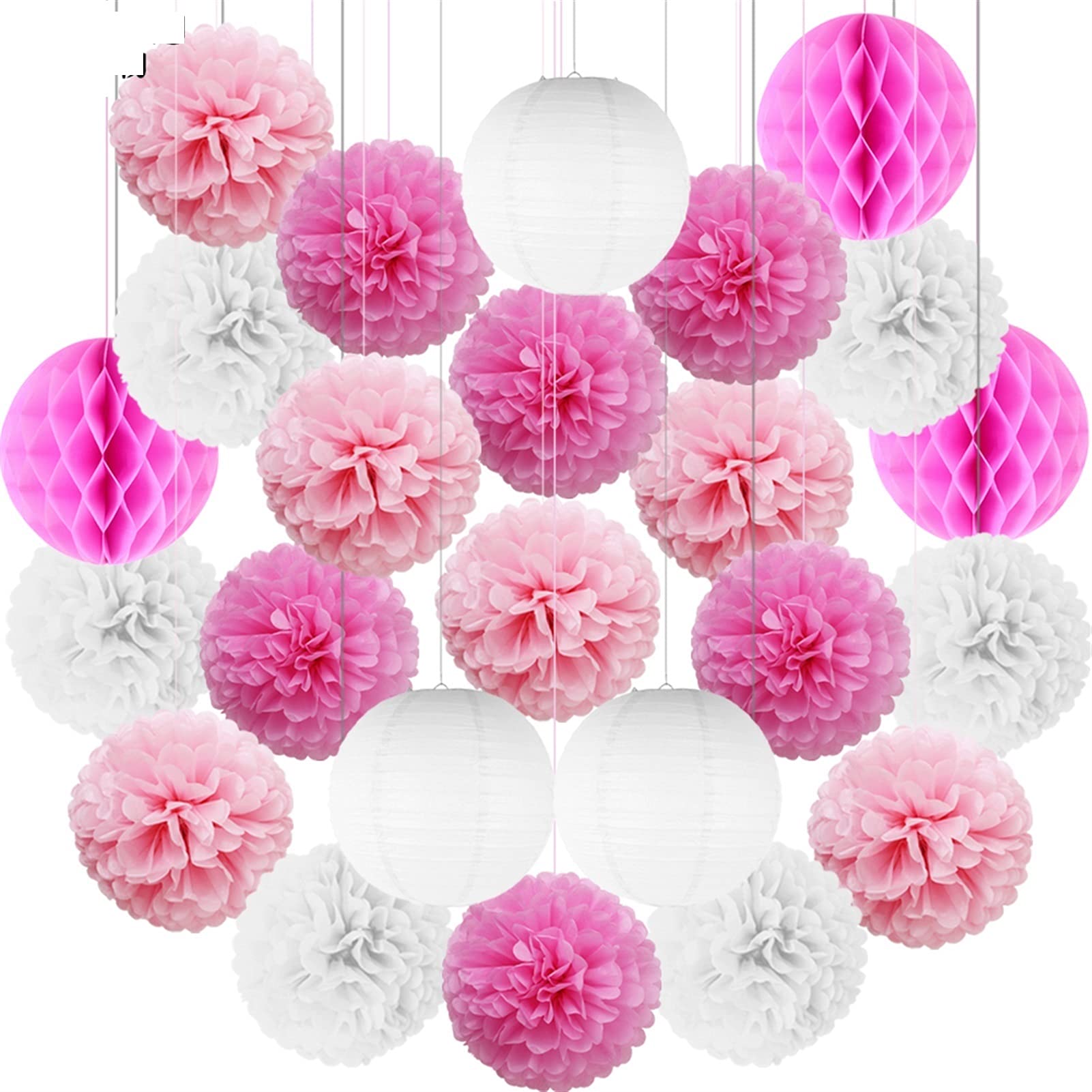 Papierowe latarnie, papierowe latarnie Latarnie papierowe dekoracje 24 szt. Papier imprezowy duży latarnia pompony z bibuły kwiatowe dekoracje ślubne)(Pink Silver,12inch 30cm)