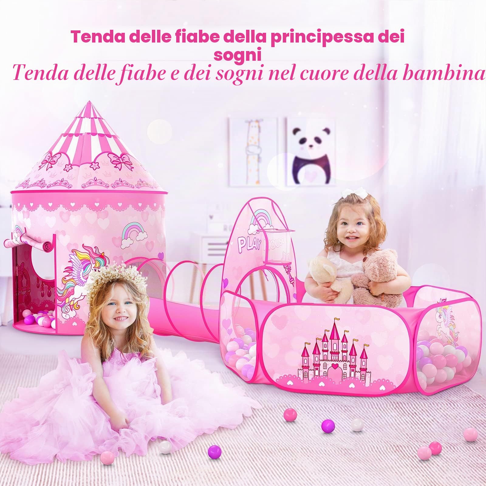 Wilwolfer Tenda Gioco Pop-up + Tunnel Gioco + Piscina di Palline per Bambini - 3-in-1 Casetta per Neonati Bambine Bambini - Grande Casetta Giardino Interni ed Esterni (Tenda Principessa)