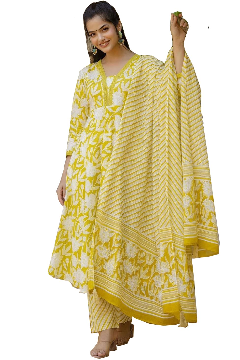 PARTHVIWomen's Printed Cotton Anarkali Kurta & Pant With Dupatta Set