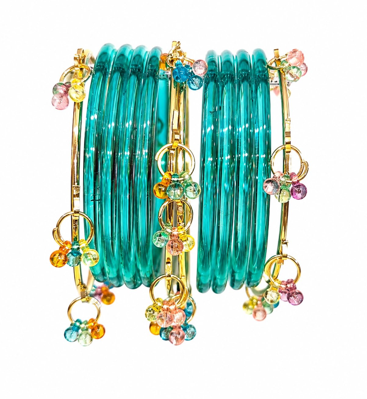 KAYASHA Women's Trendy Glossy jelly Glass Bangles with Alloy Ghungroo Charms For Women| Fancy Designer Glass Bangles |Set Of 12 (8 Glass + 4 ghungroo bangles)