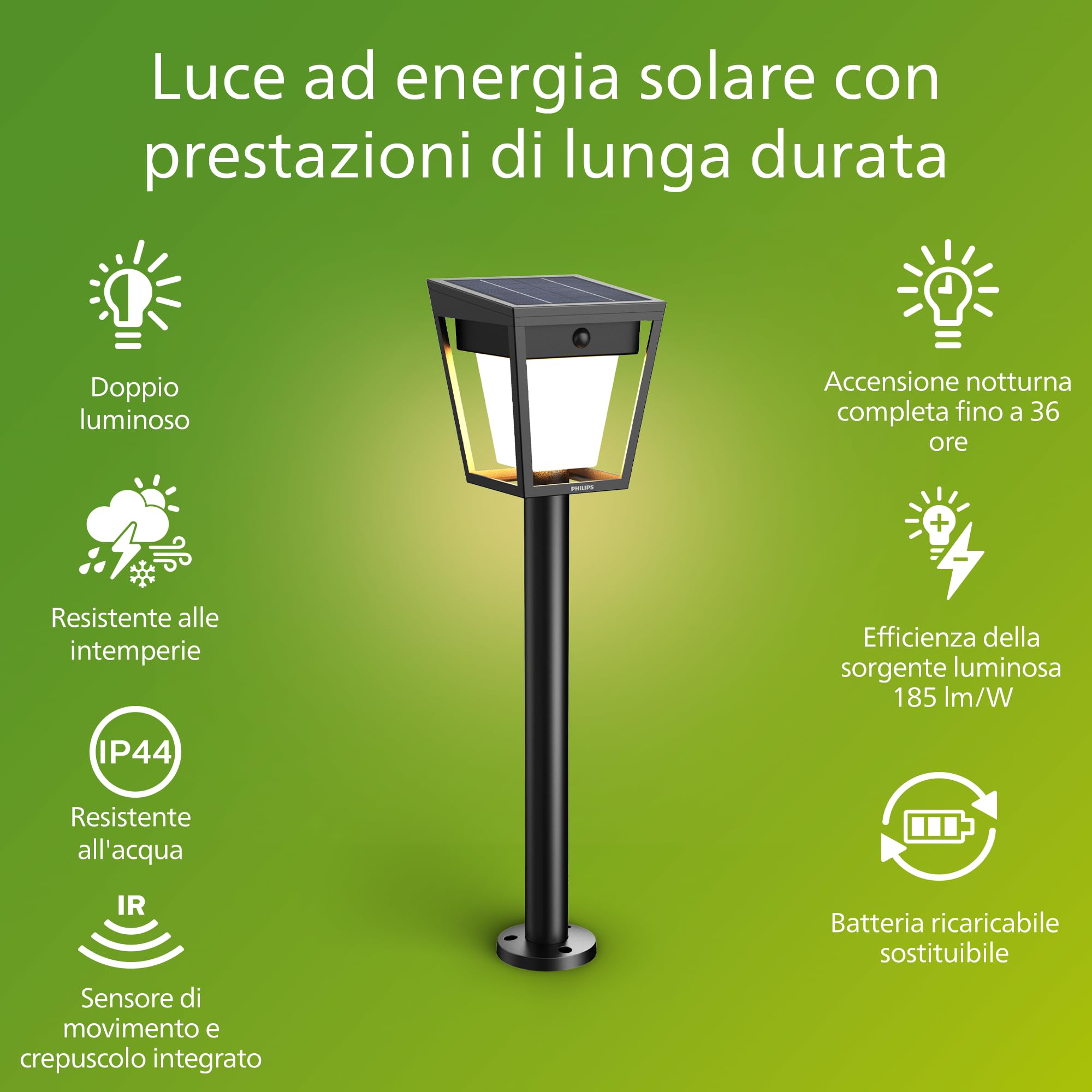 PHILIPS Nissa, Paletto solare UltraEfficient, per Esterni, con Sensore di Movimento, 3000K, 250/25lm, Nero