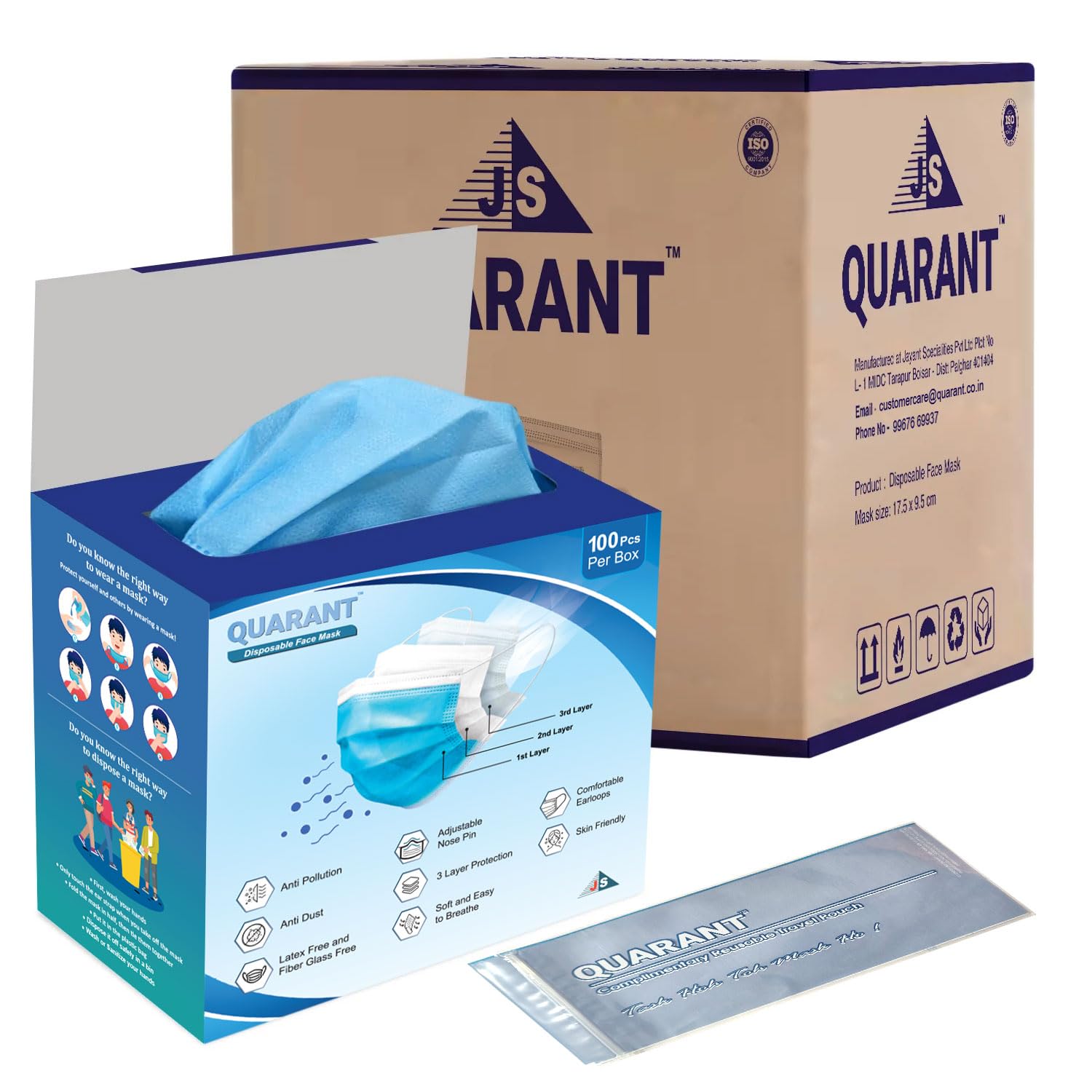 QUARANT Melt Blown - SMMS Fabric 3 Ply Disposable Face Mask with Nose Clip and Reusable Travel Pouch (Blue, Pack of 500) for Unisex discount deal