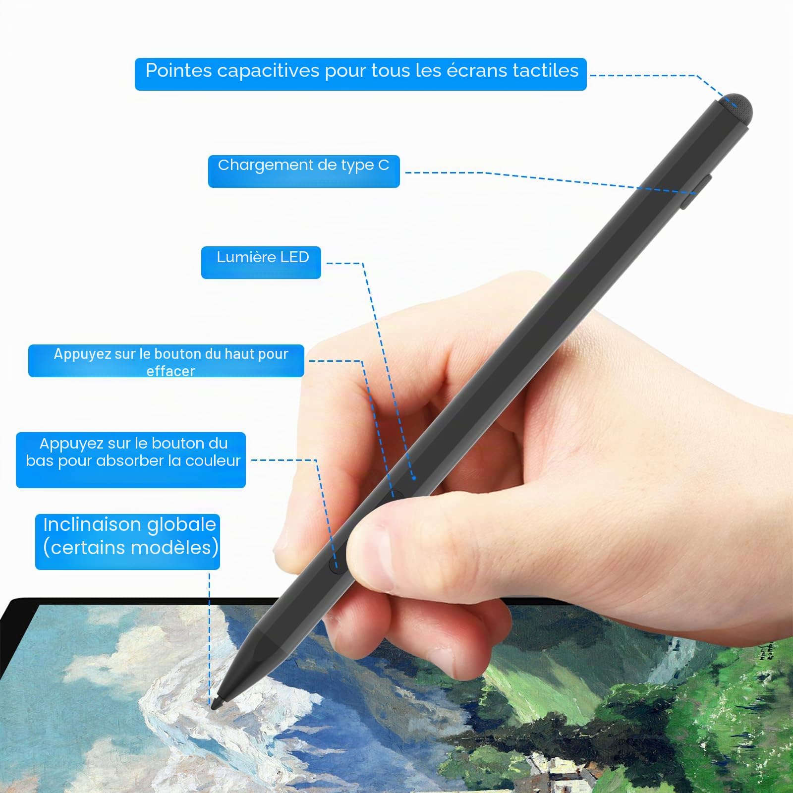 Stylet pour Surface Pro 12/11/10/9/8/7, Stylo Rechargeable avec Rejet de la Paume, 4096 Niveaux de Pression, Magnétique pour Surface Laptop 1-5, Surface Go 4/3/2, Book, Studio