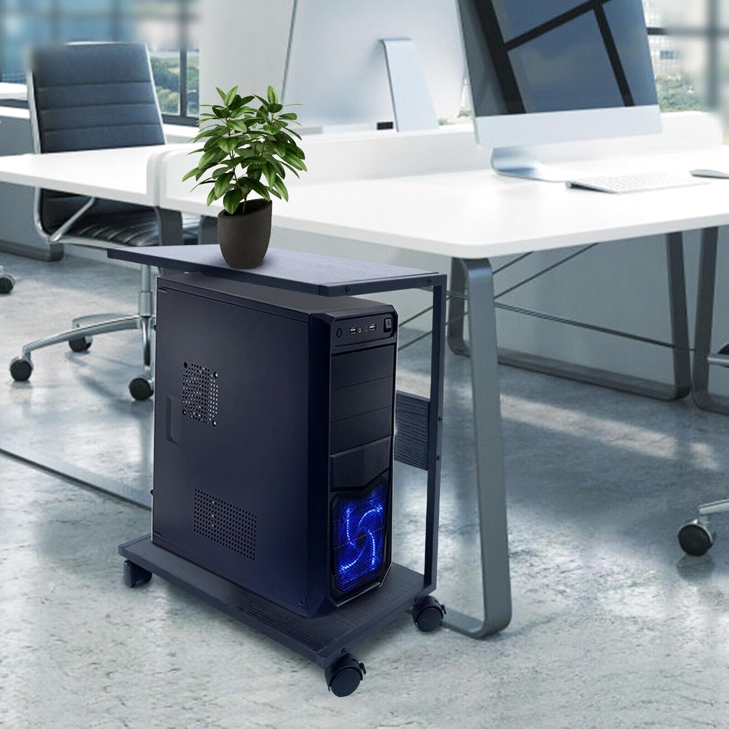 Computer Tower Stand, 2-Tier Shelf CPU Holder with Wheels, C-Shaped Mobile PC Tower Stand Desktop Printer Stand, Fits Oversized Gaming PC’s, Printers, Gaming Systems