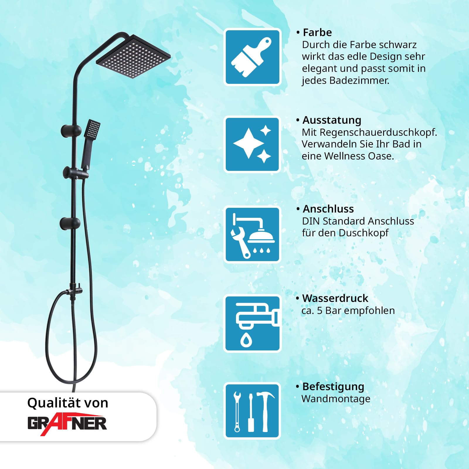 Grafner Regendusche schwarz im Set incl. Kopfbrause, Handbrause, Schlauch, Stange und Anschluss-Set Duschset Duschsystem Duschgarnitur eckig