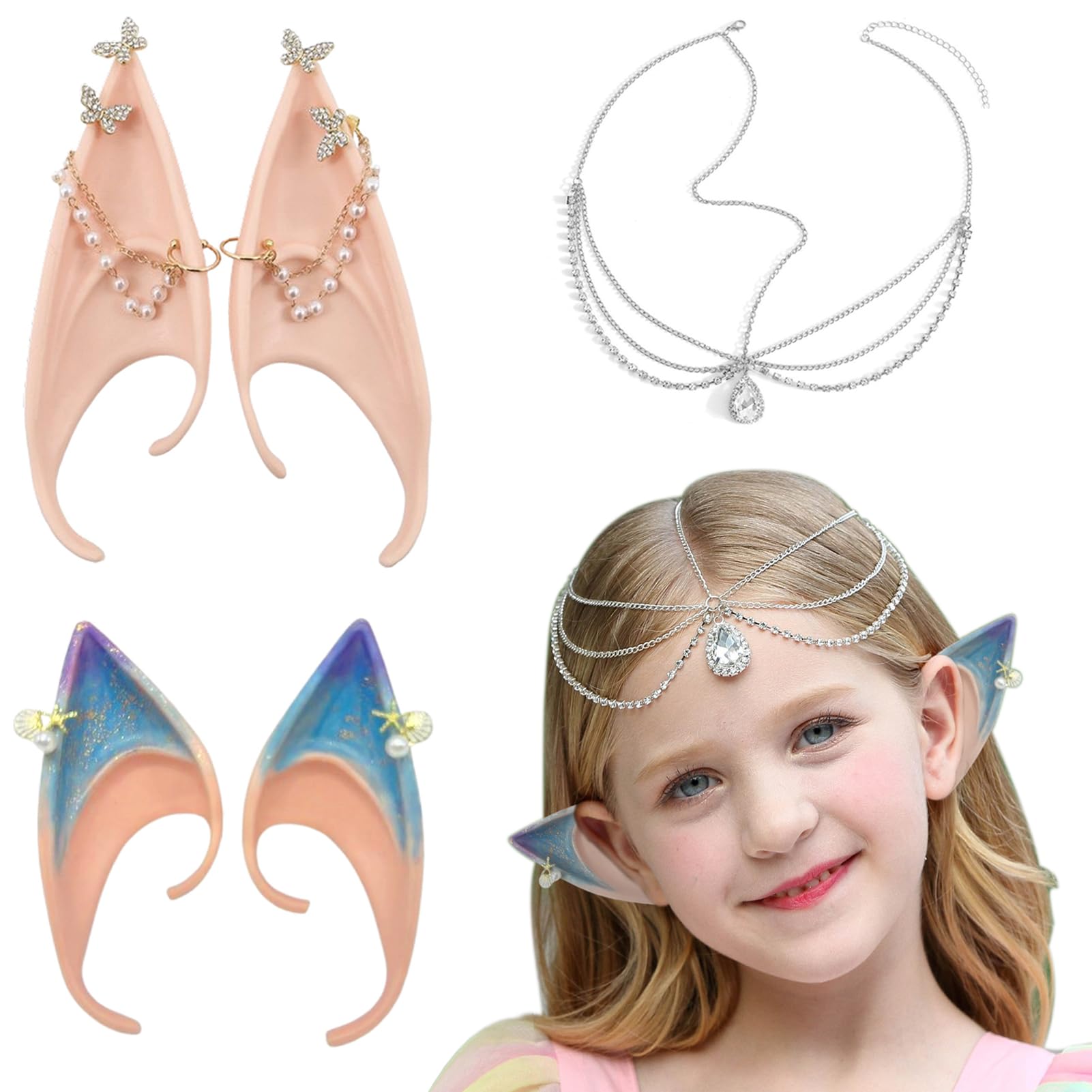 Joycabin 2 Paar Elfenohren und 1 Stück Kristall Kopfschmuck, Latex Elfenohren, Elf Ears, Cosplay Fairy Elfen Ohren, für Halloween Karneval Cosplay Hochzeit Abschlussball Anzieh Party