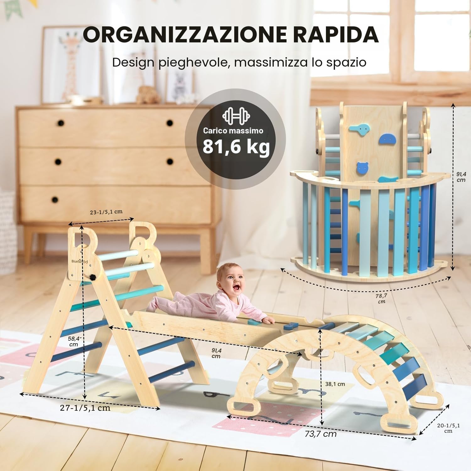 BlueWood Set da Arrampicata per Bambini 3 in 1, Set di Triangoli per Arrampicata Pieghevoli di Arrampicata Pieghevole con Scivolo ad Arco, Palestre Montessoriano e Arrampicata Indoor per Bambini