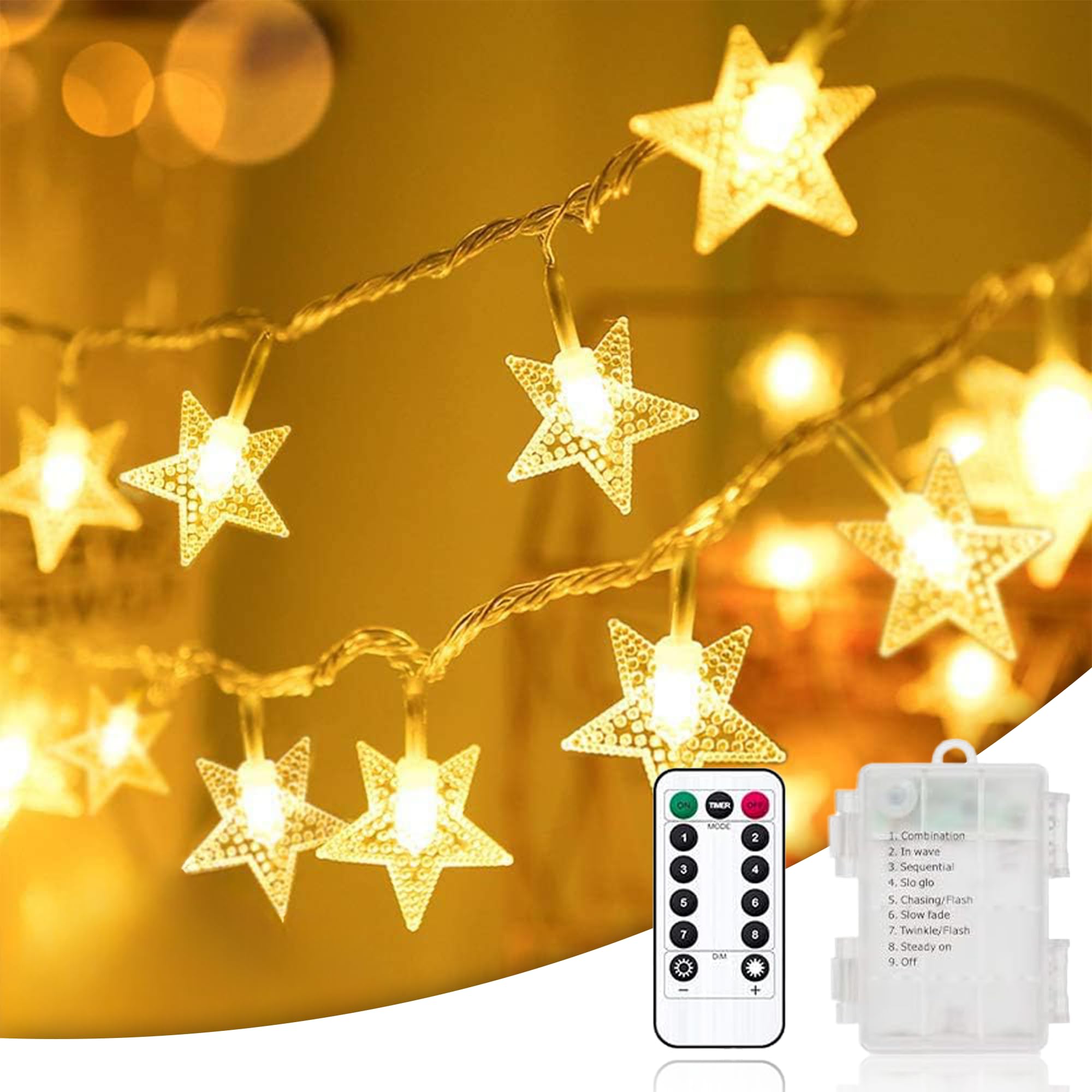 40 LED Star String Lights, Star Fairy String Lights with Remote and Timer, Star String Lights Battery Operated, Waterproof, Indoor, Outdoor, Christmas, Halloween, Wedding, Party, Warm White