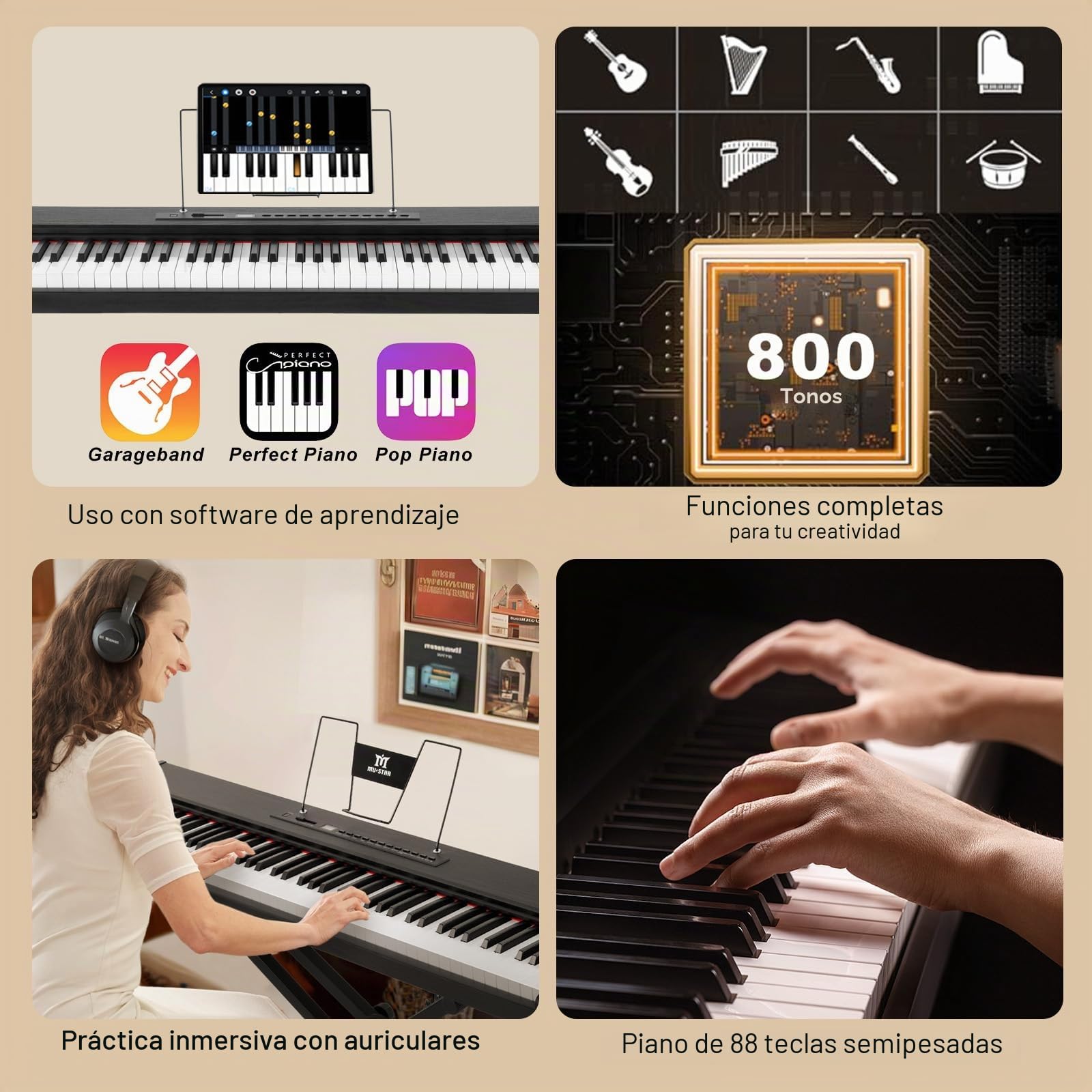 MUSTAR Piano digital 88 teclas semi-pesadas con soporte, tamaño completo 88 teclas, piano principiante, piano electrónico portátil, con conexión inalámbrica, maleta, pedal de sustain, negro