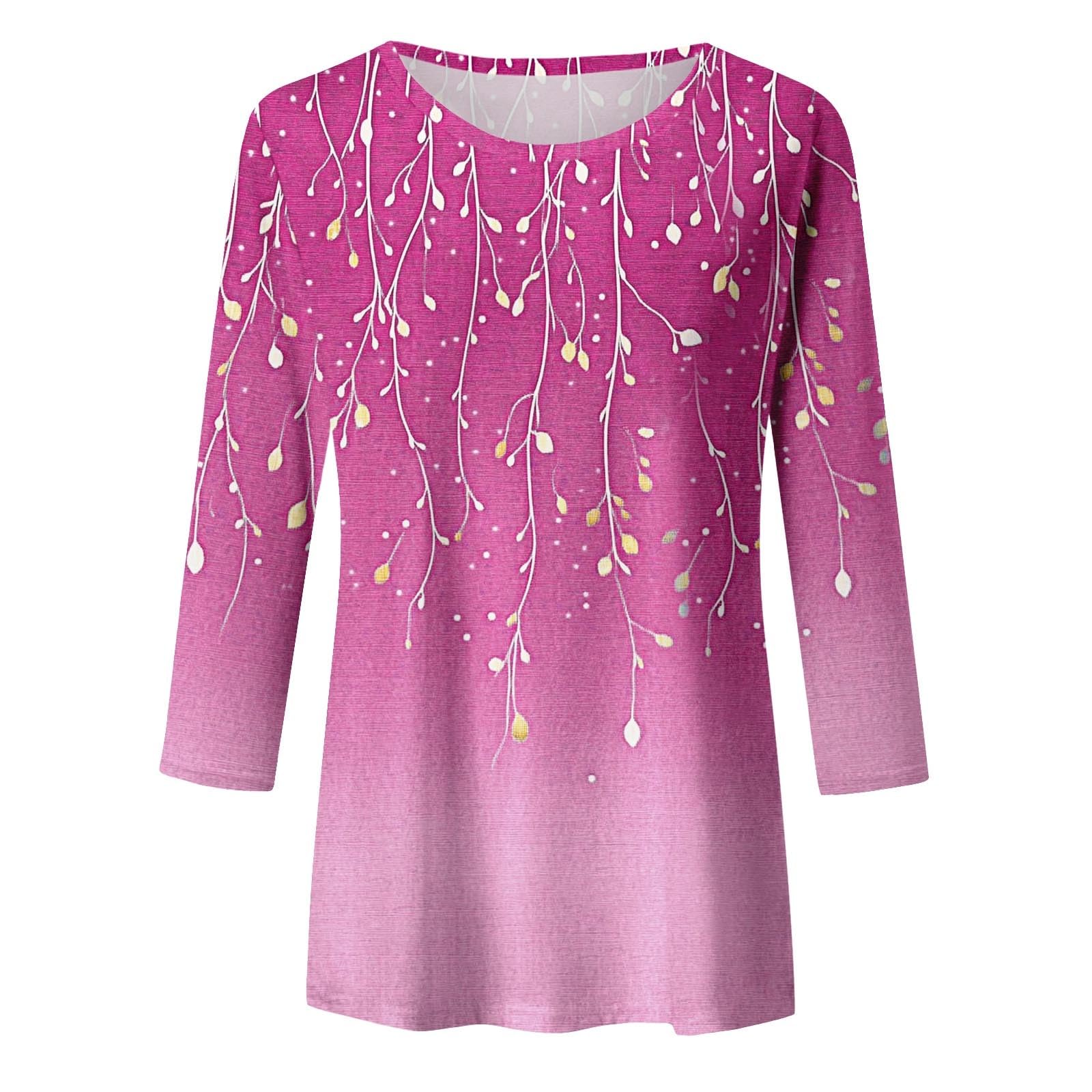 Women Fashion Print Casual Point Sleeve Round Neck T Shirt Top Womens Large Knit Tops (XL)