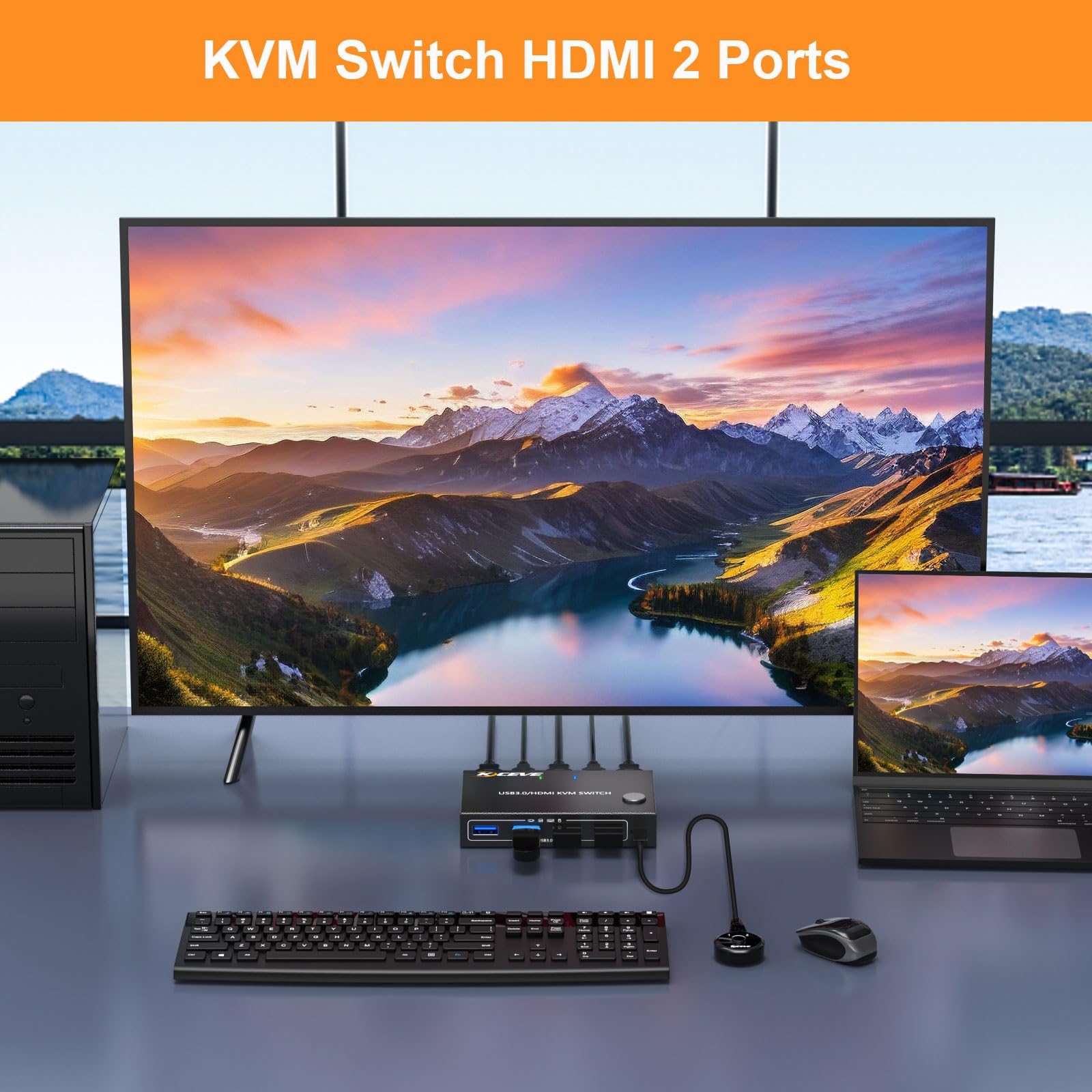 KCEVE Commutateur KVM 1 moniteur, 2 ordinateurs 4K @ 60 Hz, commutateur KVM HDMI pour 2 ordinateurs, 1 moniteur et 4 périphériques USB 3.0, avec télécommande filaire